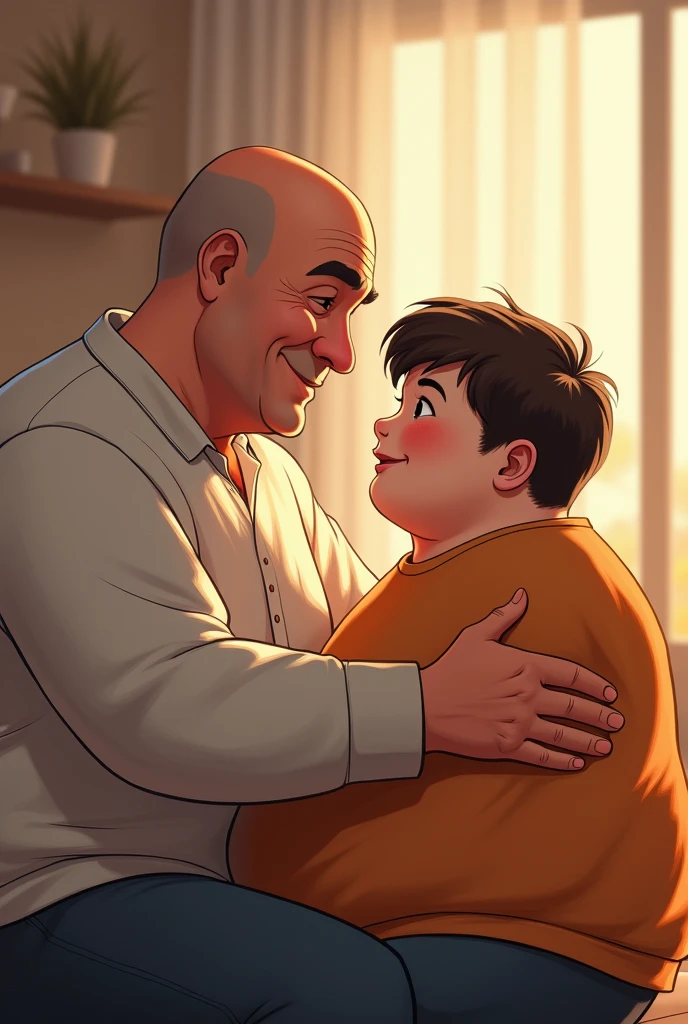 Create a drawing of a young bald father saying he loves his hearing impaired son chubby almost obese age son 