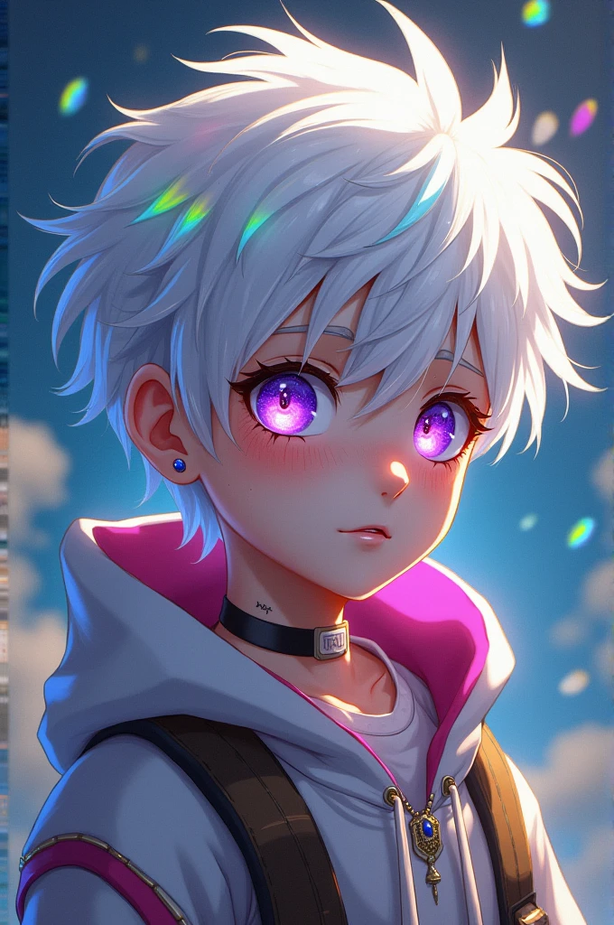 an anime boy, my hero academia style. White hair with rainbow highlights. White skin with vitiligo and some freckles. Purple eyes with yellow sparkles and white eyelashes. With the gift of controlling matter