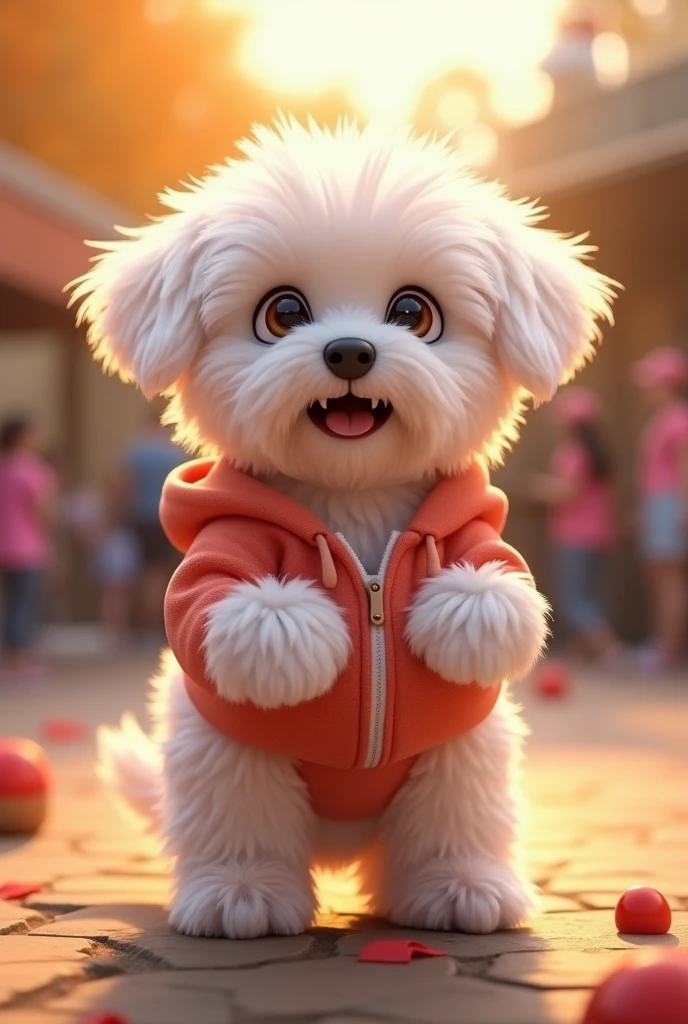 Fascinating, 美味しくふわふわな子犬のマルチーズの高品質3D Rendering, Exudes cuteness and charm. With a round and plump body、It is softly covered, Vibrant fur and gentle, Small teeth peek out from a slightly open mouth. (Wearing a hoodie)、Its big, Expressive round eyes sparkle, and、Those rosy cheeks are charming. (Upright、Standing on two hind legs), Place your hands gently at your sides, She exudes a charming and friendly aura.. Highlights vibrant colors and textures, Creating visually striking and conceptually unique work., photograph, Conceptual Art, 3D Rendering、(The background is a zoo、crowd、Daytime、sun)