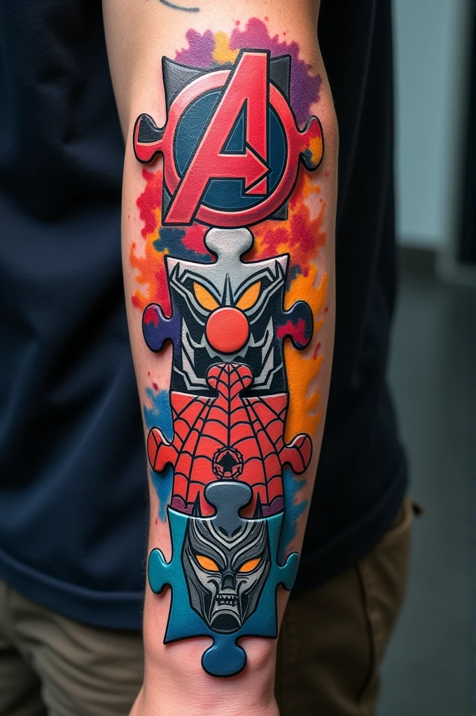 Create a cartoon image, for a forearm tattoo, measuring 10cm wide and 30cm long, with the following characteristics: a puzzle, where each piece is a symbol of a Marvel hero. Place different hero symbols.
