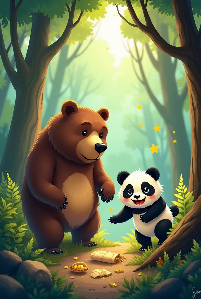 Make a picture with a panda bear and a brown bear with the title treasure hunt