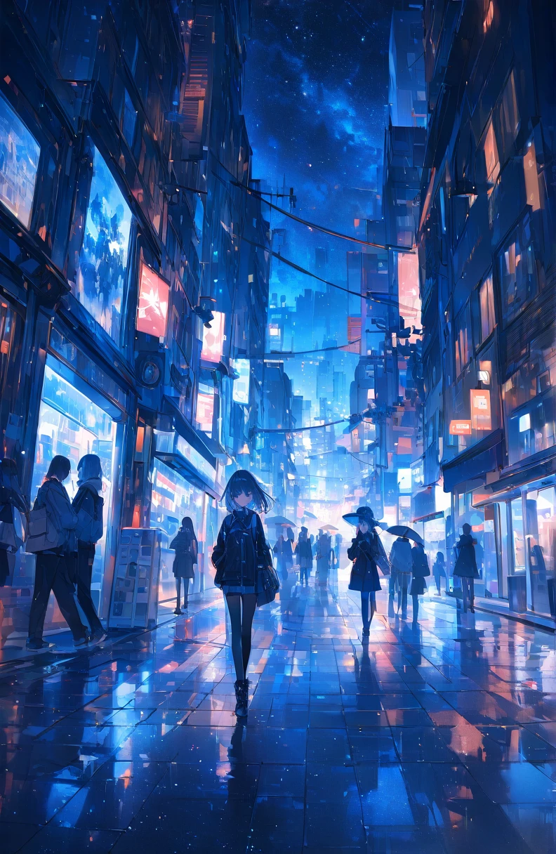 ((Amazingly absurd)),超High resolution, Attention to detail, high quality, High resolution, 最high quality, 4K, 8k、City、In town、night、sparkling、whole, Artwork in Deep Blue Tones