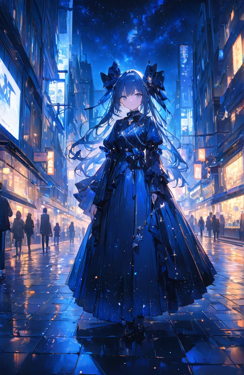 ((Amazingly absurd)),超High resolution, Attention to detail, high quality, High resolution, 最high quality, 4K, 8k、City、In town、night、sparkling、whole, Artwork in Deep Blue Tones