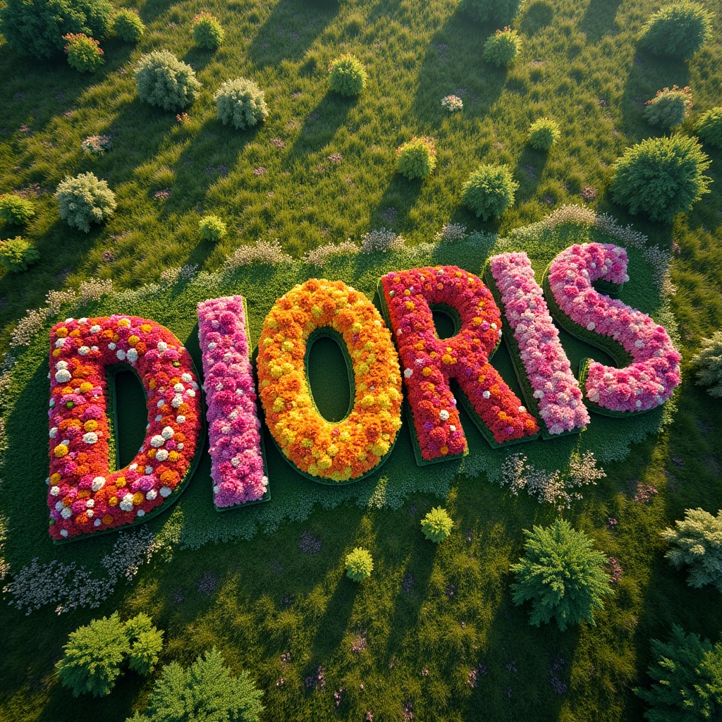 Those 6 big letters DIORIS made of flowers among the weeds seen from above