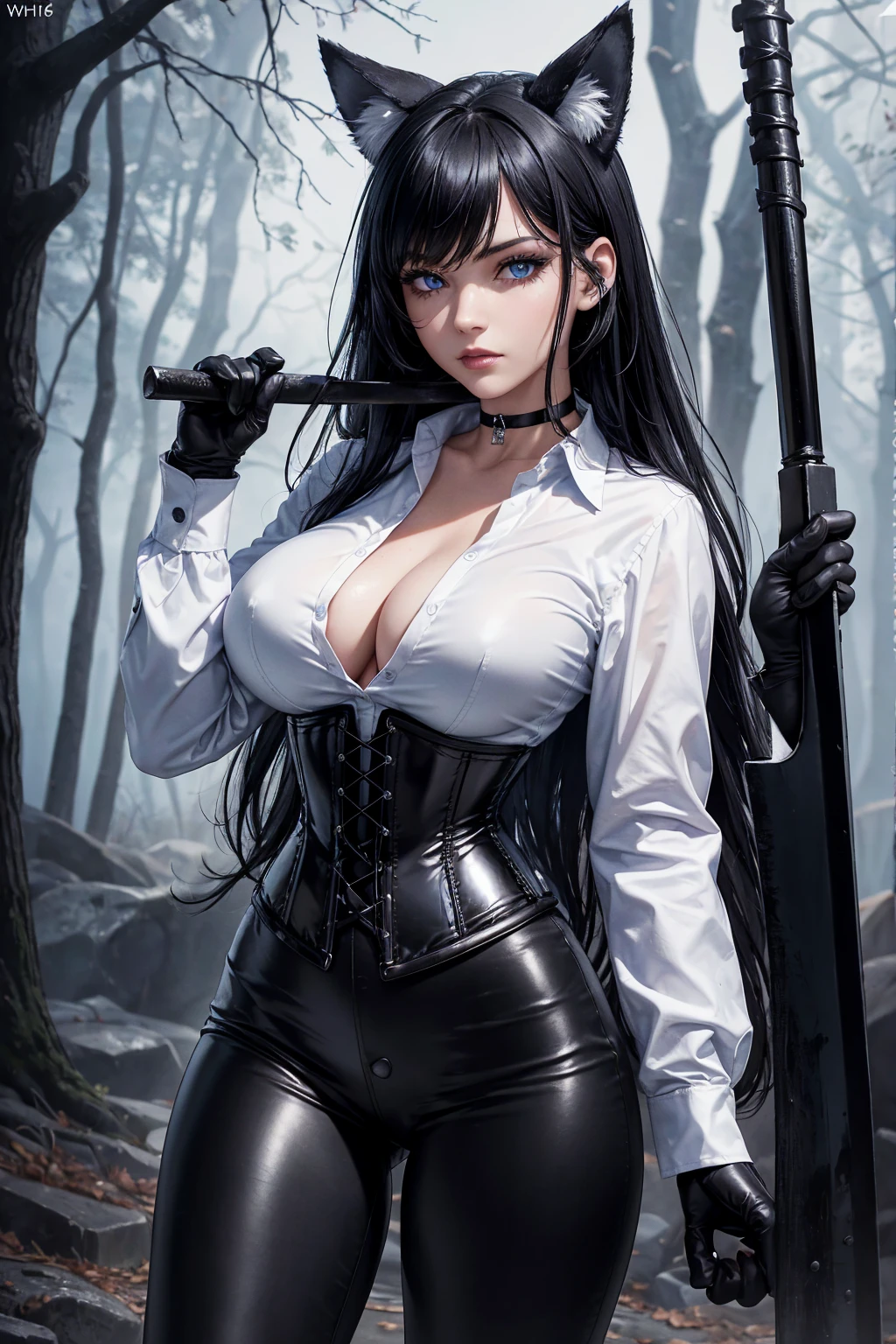 masterpiece, Superior image quality, High resolution, 4k image,photo and gross, photorealistic, whole body, 1 girl, standing, big breasts, beautiful face, wolf ears, long black hair, blue eyes, very detailed eyes, serious expression, choker:1.6, (white long sleeve button down shirt with white collar), black gloves, gloves that cover hands, holds an ax in his hand, (black leather corset), (shiny black leggings), Sensual Lips, show details in the eyes, View from the front, Dark forest, fog, at night