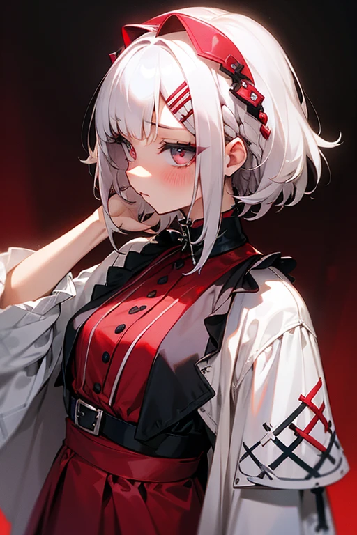 Short white hair, blush, Gothicta、Punk Fashion、Headbang 2.、White and red clothes、Braiding、2 hair clips、