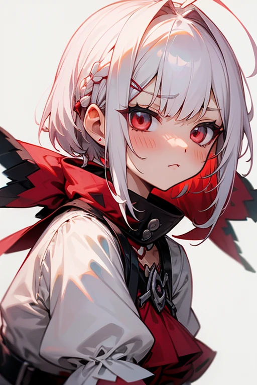 Short white hair, blush, Gothicta、Punk Fashion、Headbang 2.、White and red clothes、Braiding、2 hair clips、