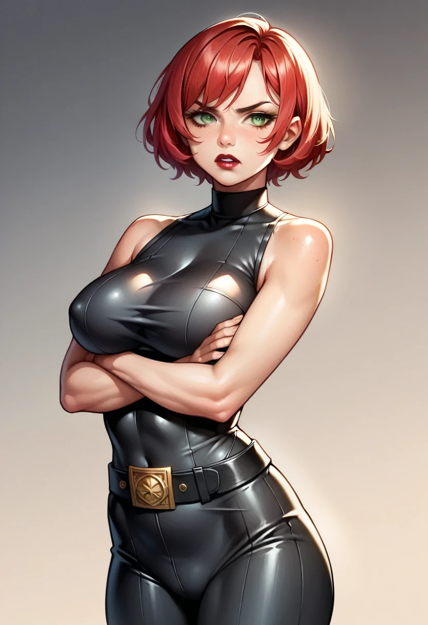 (high-level image quality), (high quality), (high resolution), (detailed), (masterpiece), beautiful woman, ((caucasian)), green eyes, red hair, short hair, dark red lipstick, slender body, perfect eyes, Detailed face, sexy black turtleneck, black leggings, black belt on the waist, crossed arms, upset