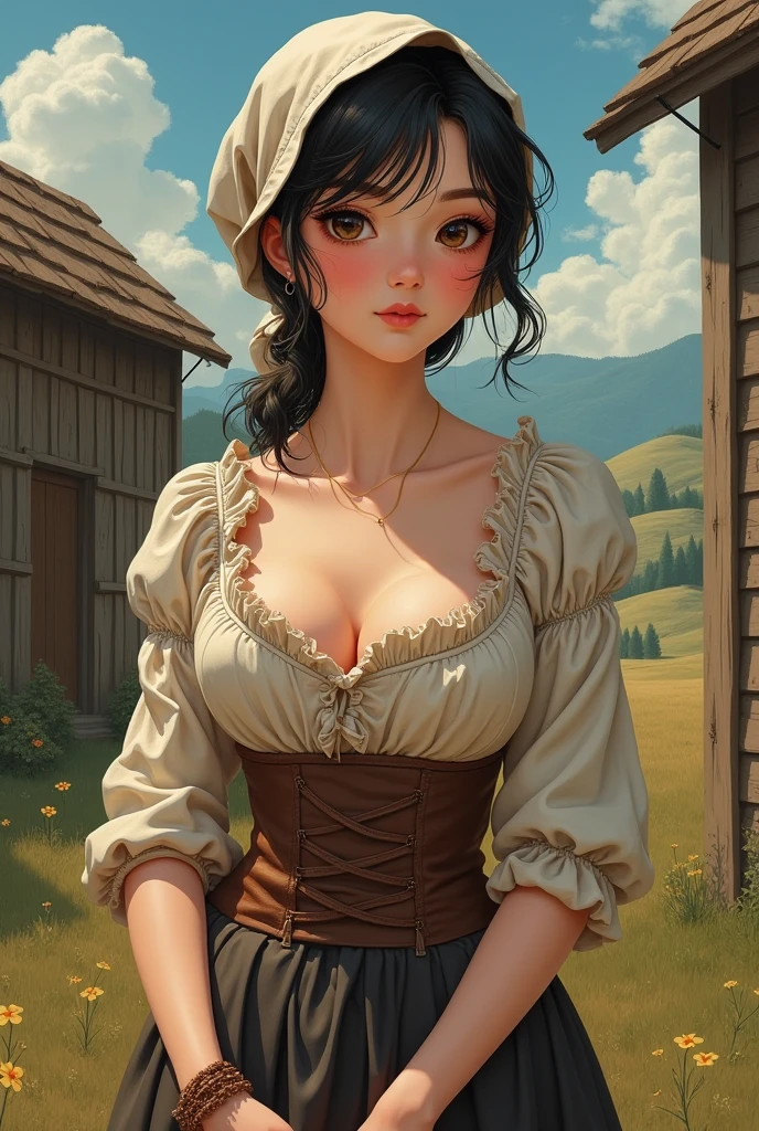 Girl with long hair, black in color, blue colored eyes. with big breasts, slim with hips and ass, no belly. Dressed as a peasant collecting eggs , the realistic image