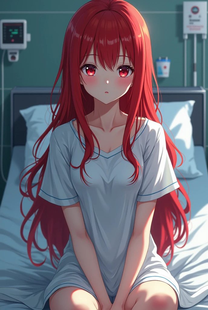 Anime character woman with long red hair and red eyes dressed as a hospital patient sitting on a bed in a hospital