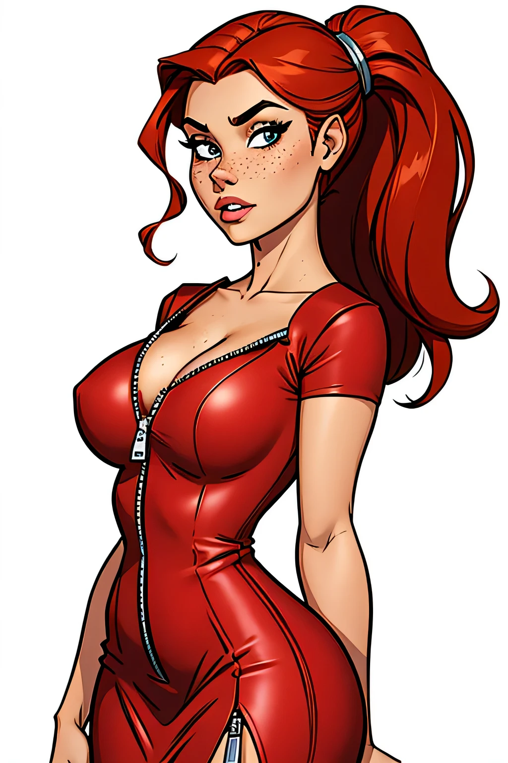 Thin woman, age 25, 4K (High definition), thoughtful, seducing gaze, eyes browns, wearing red dress (with side zipper) with princess neckline and short sleeves, arms positioned at the side of the body (one hand touching the zipper), Caucasian skin, straight red hair to shoulder length, standing (upper body), full of curves with freckles across her chest and neck, round breasts. Marvel style high quality, white background.