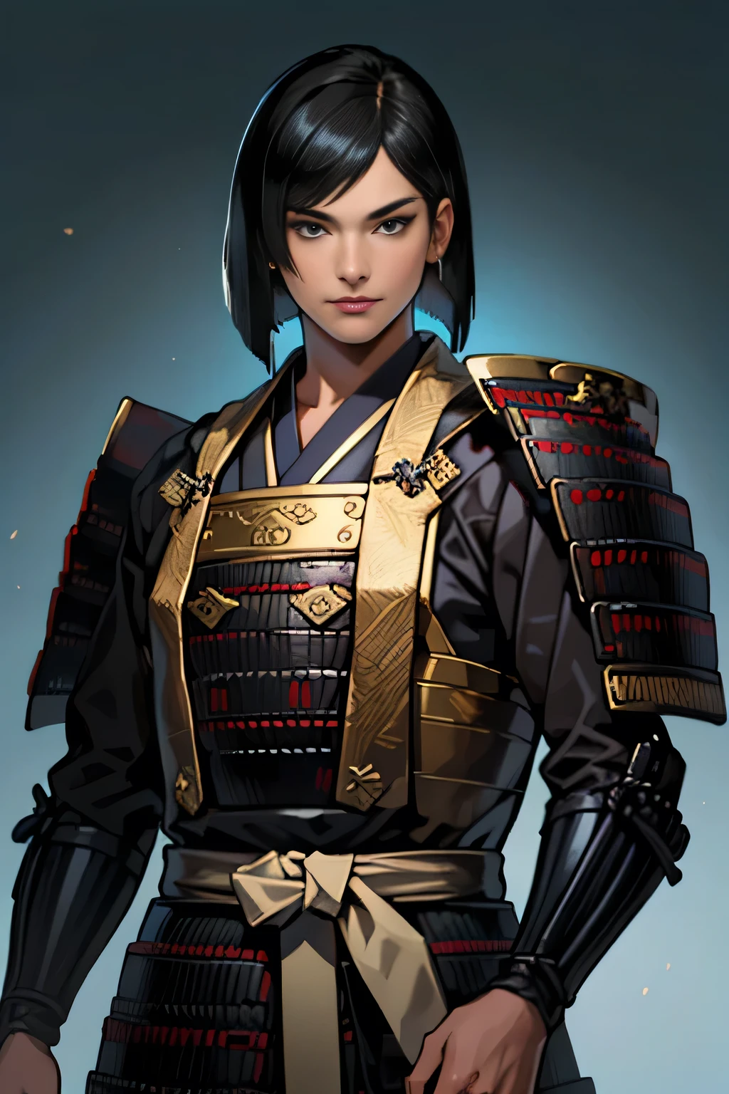 (high resolution, pixel perfect, gorgeous illustrations), (hyper quality, muste piece, etheric: 1.4), (((cowboy shot))), face focus, ((1girl)), (((Androgynous))), cool atmosphere, black hair, ((((bob cut)))), (((Exquisite face))), (ideal ratio body proportions, slender, small breasts), (((samurai_armor))), shiny skin, gleaming skin, simple background,