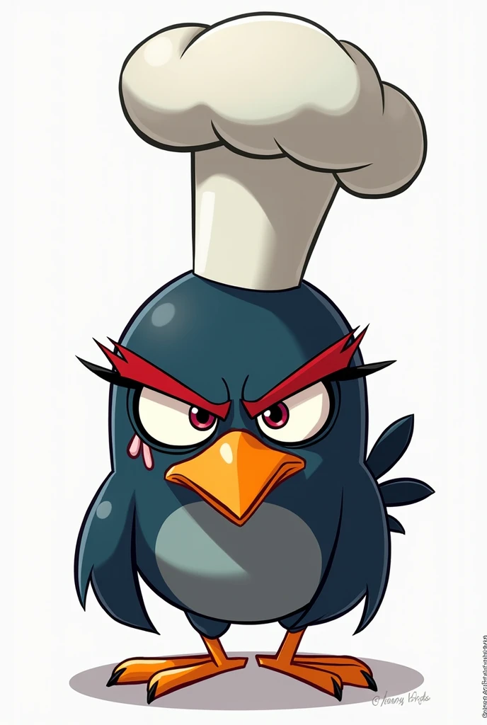 angry birds toons style, bird, dark blue, long eyelines, lashes, aroused smile, tall chef hat on her head, eyebrow piercing, blush, looks up, sweaty