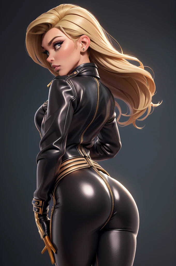 obra prima, melhor qualidade, ((only one woman,)) ((kylie minogue, dark tan skin, short blonde hair, heavy makeup eye shadow, hostile expression,)) (((wearing thigh length very black shiny leather jacket,))) (((jacket is zipped up, jacket covers waist and ass,))) ((jacket has stiff high collar,)) ((gold pvc gloves,)) body is very skinny, standing up, (((arched back, shoulders leaning way back, hips twisting, head tilted way back, chin up,))) ((camera back view, extreme closeup view of upper body,)) shallow depth of field, highres, HD, 8k, anatomically correct