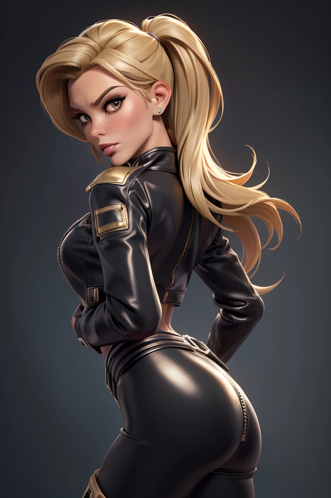 obra prima, melhor qualidade, ((only one woman,)) ((kylie minogue, dark tan skin, short blonde hair, heavy makeup eye shadow, hostile expression,)) (((wearing thigh length very black shiny leather jacket,))) (((jacket is zipped up, jacket covers waist and ,))) ((jacket has stiff high collar,)) ((gold pvc gloves,)) body is very skinny, standing up, (((arched back, shoulders leaning way back, hips twisting, head tilted way back, chin up,))) ((camera back view, extreme closeup view of upper body,)) shallow depth of field, highres, HD, 8k, anatomically correct