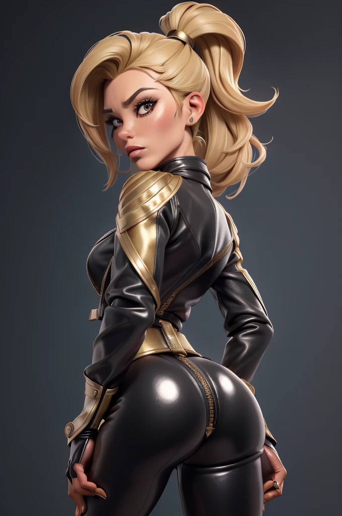 obra prima, melhor qualidade, ((only one woman,)) ((kylie minogue, dark tan skin, short blonde hair, heavy makeup eye shadow, hostile expression,)) (((wearing thigh length very black shiny leather jacket,))) (((jacket is zipped up, jacket covers waist and ass,))) ((jacket has stiff high collar,)) ((gold pvc gloves,)) body is very skinny, standing up, (((arched back, shoulders leaning way back, hips twisting, head tilted way back, chin up,))) ((camera back view, extreme closeup view of upper body,)) shallow depth of field, highres, HD, 8k, anatomically correct