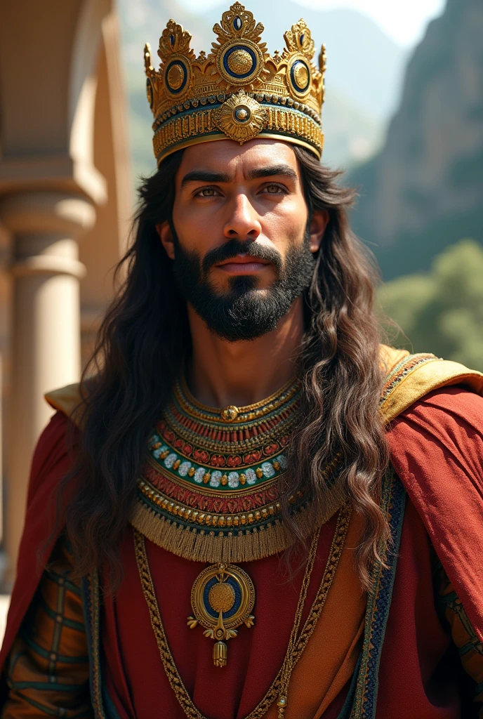 Creating the image of a young modern Inca prince, handsome, with beard, Brown hair, wearing a prince&#39;s crown on his head 