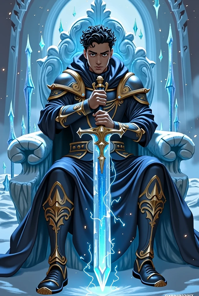 realistic Anime Guy Ice demon King sitting on a Ice throne Holding Excalibur glowing in lightning and fire, curly black hair, light brown skin, with dark brown eyes. Ice Gold armor with black and Gold details. Royal aura with ice swords and spears around. Bad boy face Powerful aura Blue fire