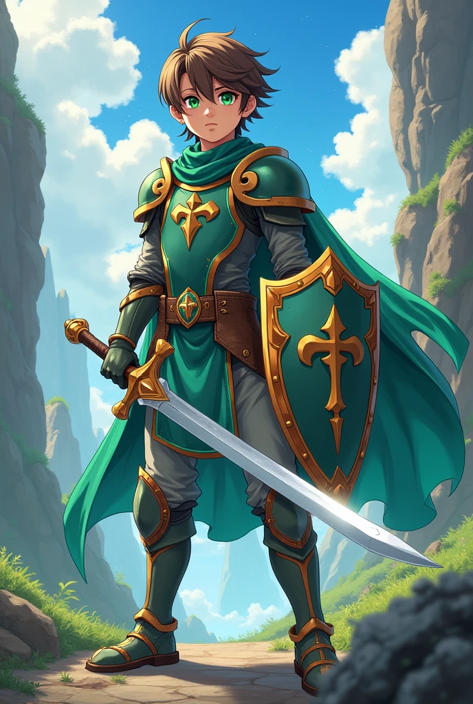 18 year old isekai anime style paladin with short brown hair, green eyes and a short build using a sword and shield