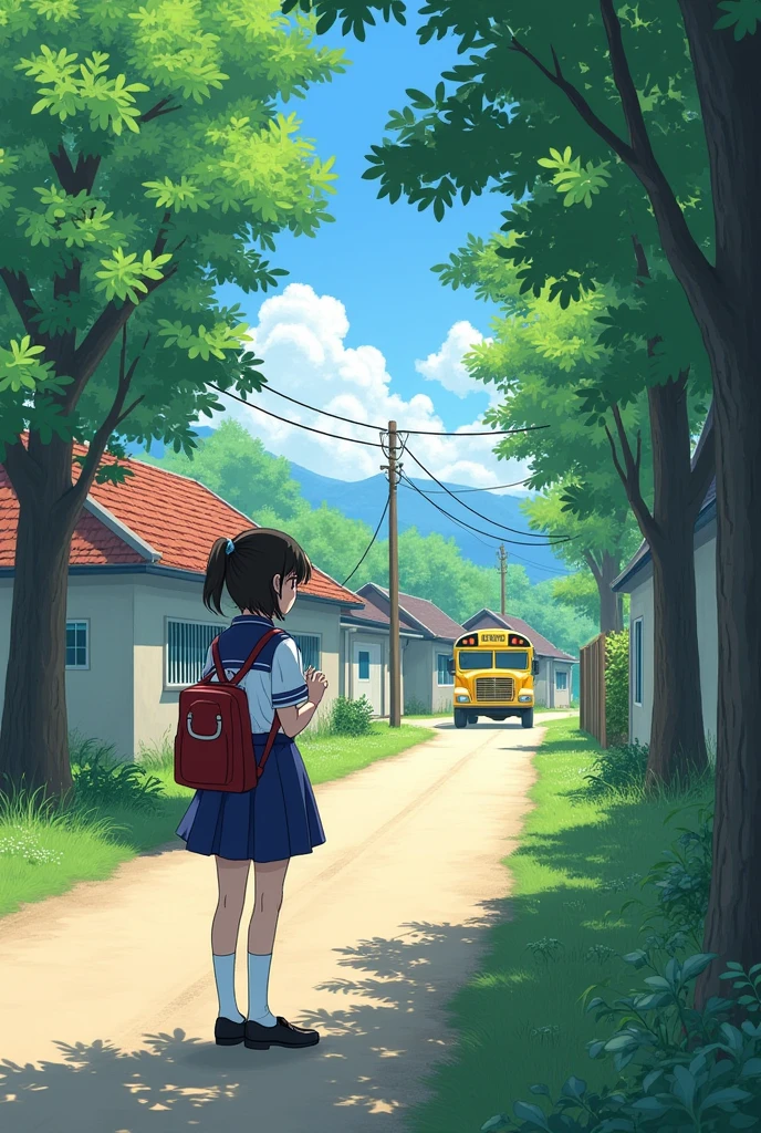 School girl waiting for school bus in a village road