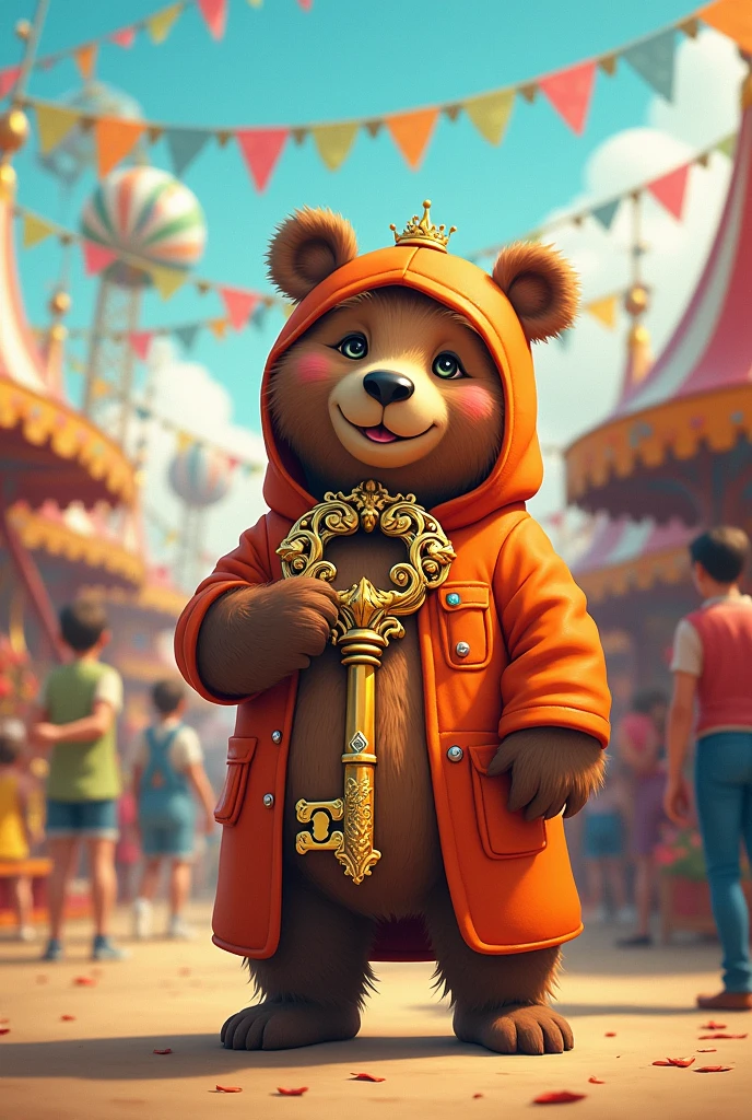 Generate an illustration of a bear going to the carnival dressed as a key