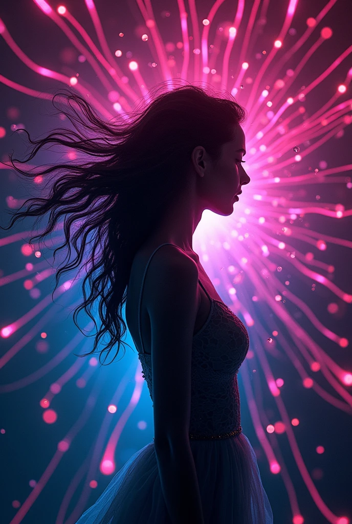 A 3D render of a silhouetted beautiful woman with flowing hair, set against a dark background. She is engulfed in a maelstrom of swirling neon pink and blue lines and dots. The background is a suffocating darkness. The image has a somber and introspective ambiance, encouraging empathy and understanding for those grappling with anxiety. The image uses HDR, LSD, and DMT techniques to create a rich, cinematic experience with vibrant pinks, reds, oranges, purples, and blues. The image is highly detailed and has 8k quality.
