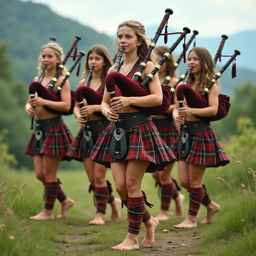 young barefoot women in minikilts playing bagpipes