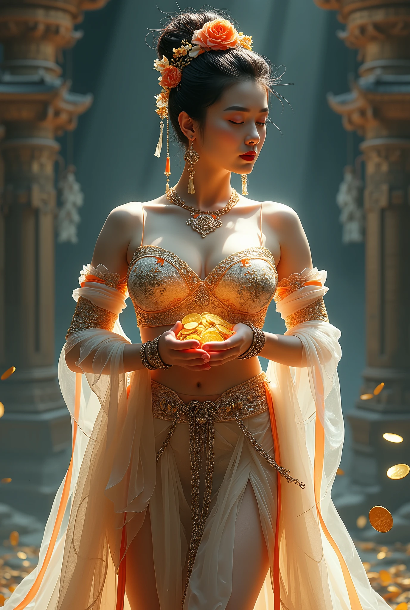 1 chinese woman holding gold coins, curvy body, waist bent, large breasts, fair skin, intricate embroidered elaborate clothing, flowing sheer veil, transparent long colorful ribbons tied on arms, inspired by cinderella, exposed midriff, bare shoulders, bare neck, high bun, hair ornaments, ribbons on arm bands, flower crown, bracelets, anklets, high heels, metal chain tassels on waist, mogao grottoes art, ink wash painting, cgstation pop music, in a night castle, ((full body)), ((hyper realistic))