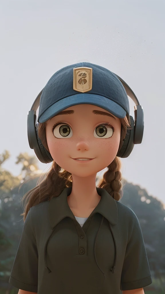a young, white girl, long light brown hair, black cap, with headphones, dark blue blouse, with a white background