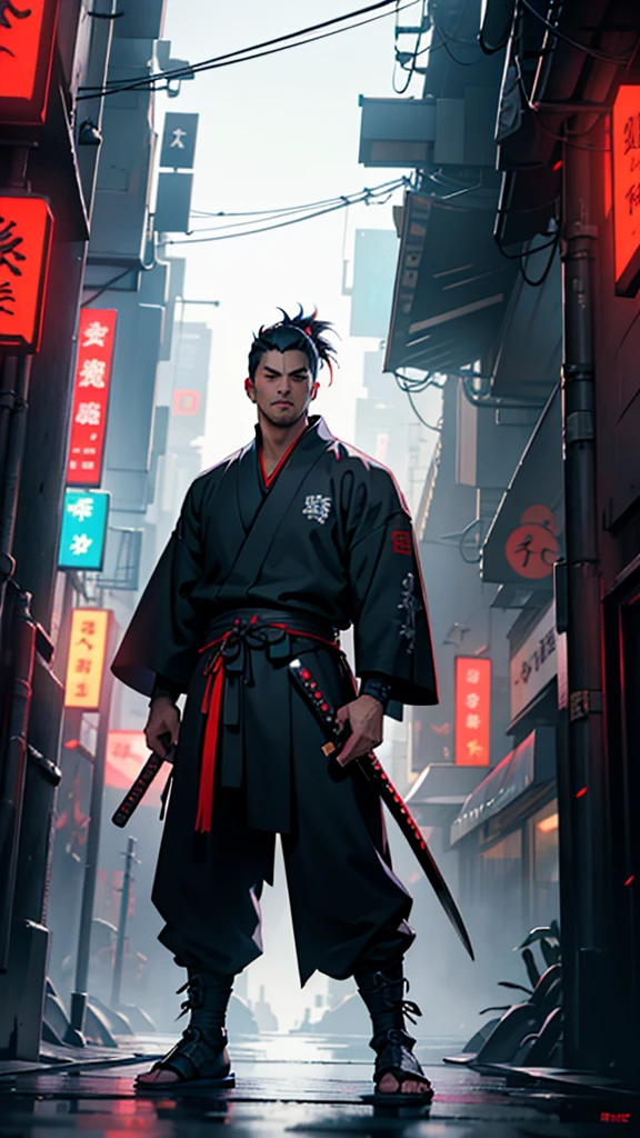 a close up of a man holding a katana in a city, very beautiful cyberpunk samurai, cyberpunk samurai, neon samurai, samurai jedi, full body of a cyberpunk samurai, samurai posed, Samurai warrior style, best angle, [ trending on cgsociety ]!!, sith lord. dramatic lighting, trending on artstation.', andreas rocha style, urban samurai, cyborg samurai, inspired by Kanō Hōgai,