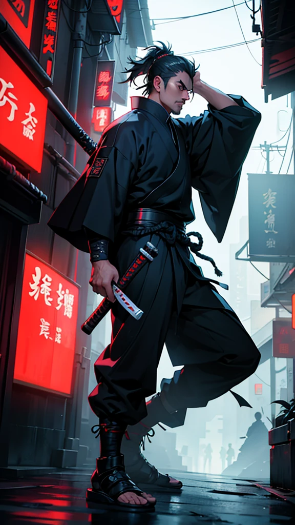 a close up of a man holding a katana in a city, very beautiful cyberpunk samurai, cyberpunk samurai, neon samurai, samurai jedi, full body of a cyberpunk samurai, samurai posed, Samurai warrior style, best angle, [ trending on cgsociety ]!!, sith lord. dramatic lighting, trending on artstation.', andreas rocha style, urban samurai, cyborg samurai, inspired by Kanō Hōgai,