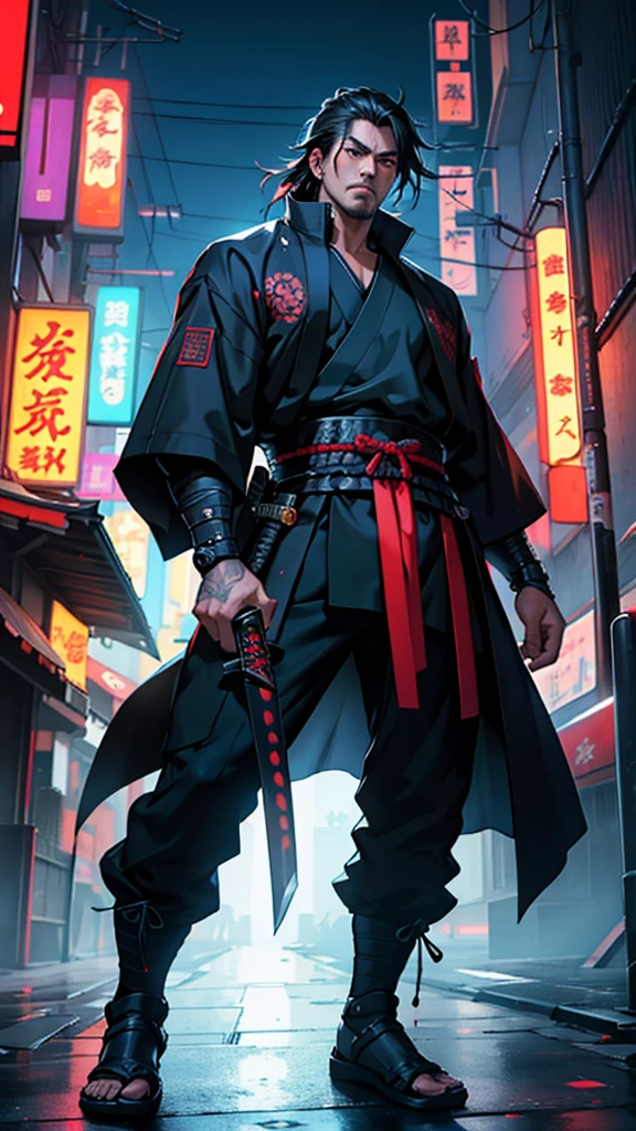 a close up of a man holding a katana in a city, very beautiful cyberpunk samurai, cyberpunk samurai, neon samurai, samurai jedi, full body of a cyberpunk samurai, samurai posed, Samurai warrior style, best angle, [ trending on cgsociety ]!!, sith lord. dramatic lighting, trending on artstation.', andreas rocha style, urban samurai, cyborg samurai, inspired by Kanō Hōgai,