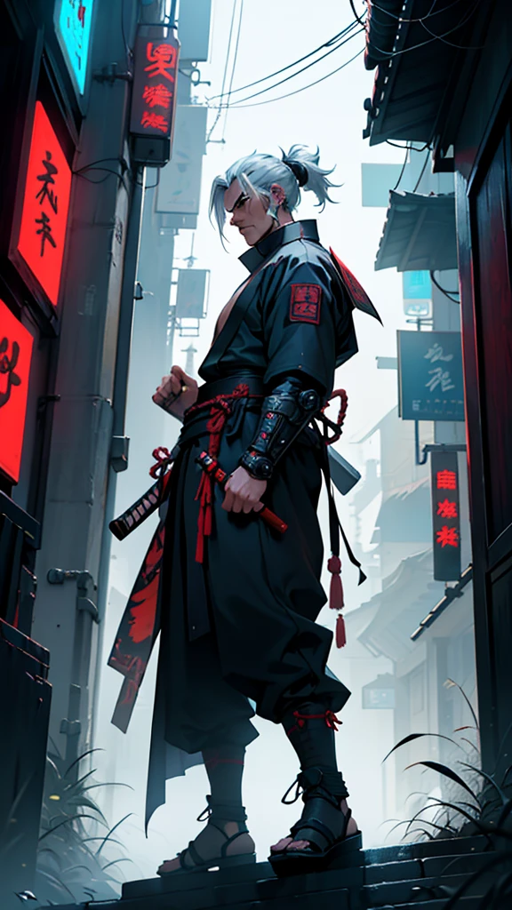 a close up of a man holding a katana in a city, very beautiful cyberpunk samurai, cyberpunk samurai, neon samurai, samurai jedi, full body of a cyberpunk samurai, samurai posed, Samurai warrior style, best angle, [ trending on cgsociety ]!!, sith lord. dramatic lighting, trending on artstation.', andreas rocha style, urban samurai, cyborg samurai, inspired by Kanō Hōgai,