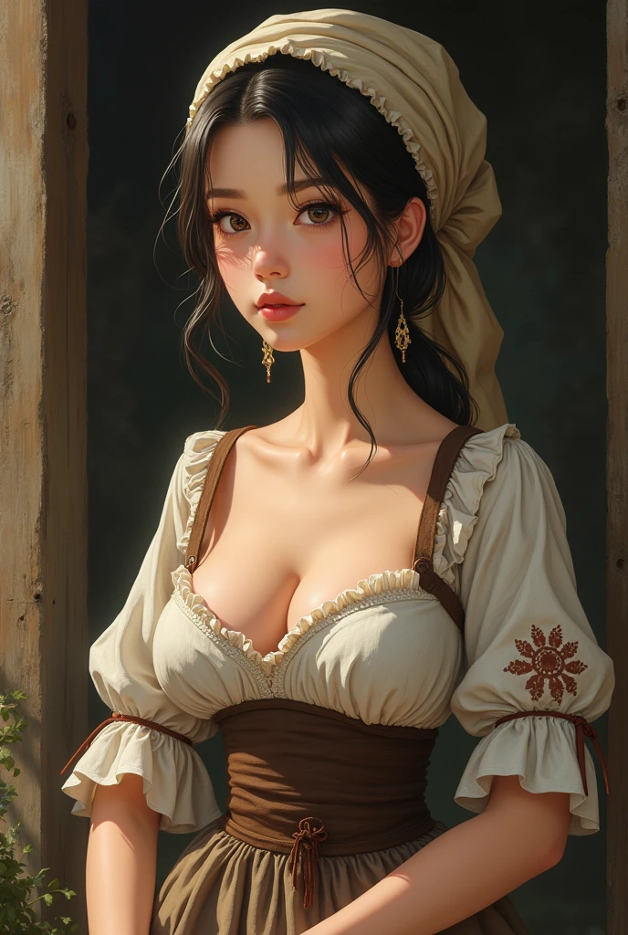 A peasant woman from the 1700s in a tableau, with half of the chest covered but very big chest, anime style