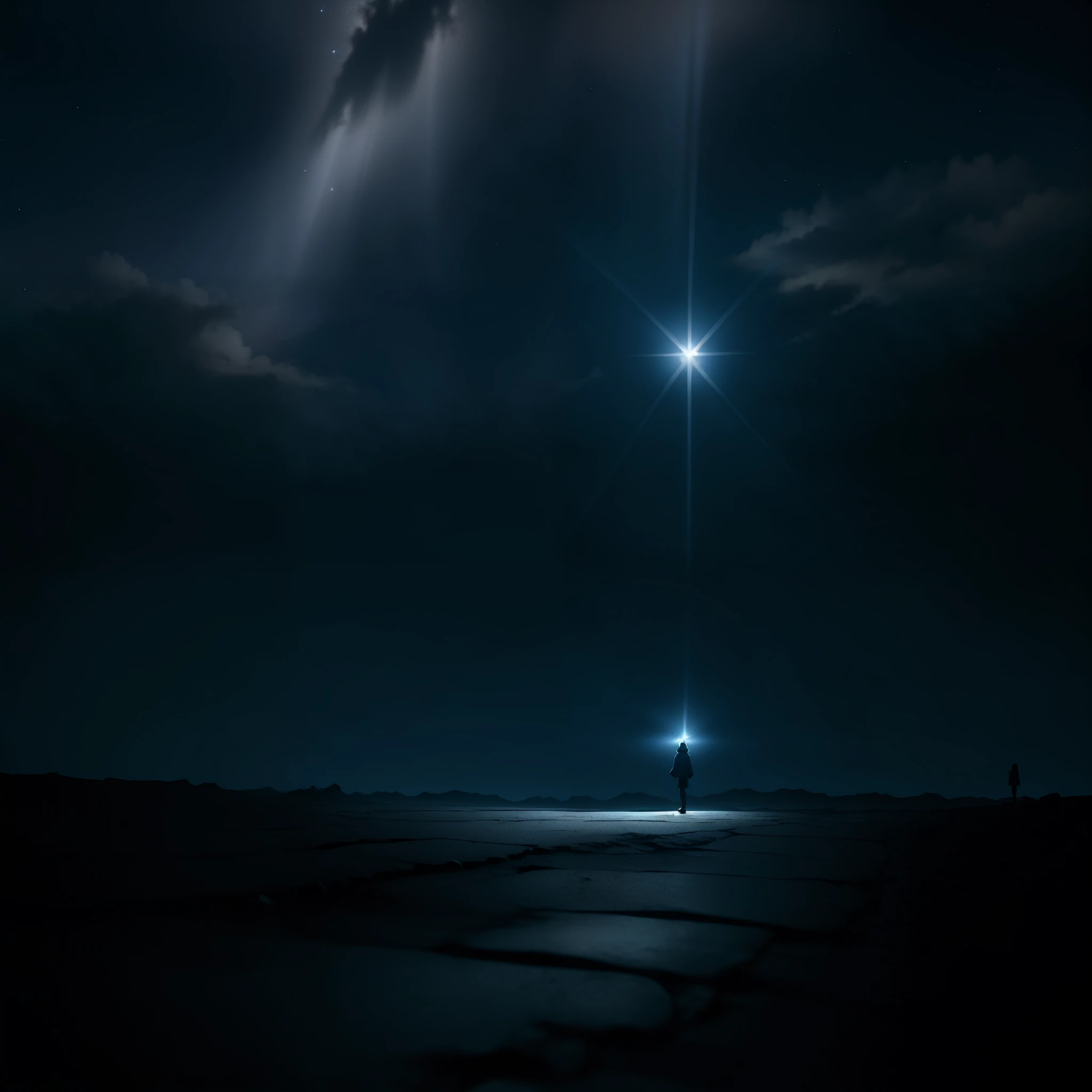 A desolate moonlit background、A person stands there　Light shines all around、Illuminated by starlight、A ray of light