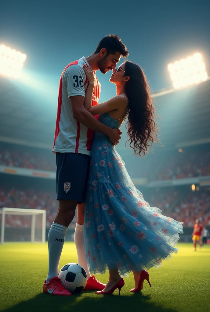 A man and woman kissing eachother in football stadium ground at night time all spot light on them woman is wearing glasses and had black hair . Woman is wearing blue dress high heels . Man is wearing white and red colour 32 number jersey. Siddharth written on jersey. Woman is cupping man s face . Man s one foot resting on a soccer ball. Man is 1 feet taller than woman. Add some audiance in stedium . . Make it real .make boy handsome . Man 2 feet taller than woman. Jersey number is 32. Add goal net in back ground . Make dress long and floral and fluffy and hair set wavy. Girl is wearing glasses