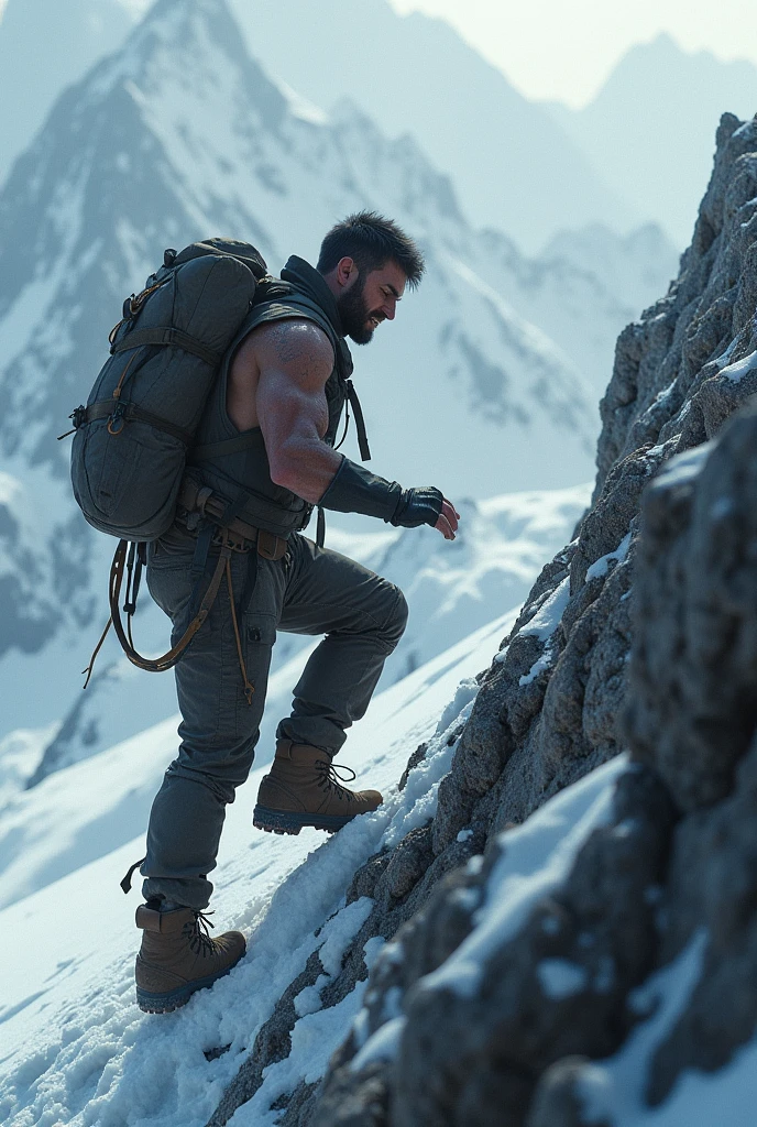 Man climbing steep mountain