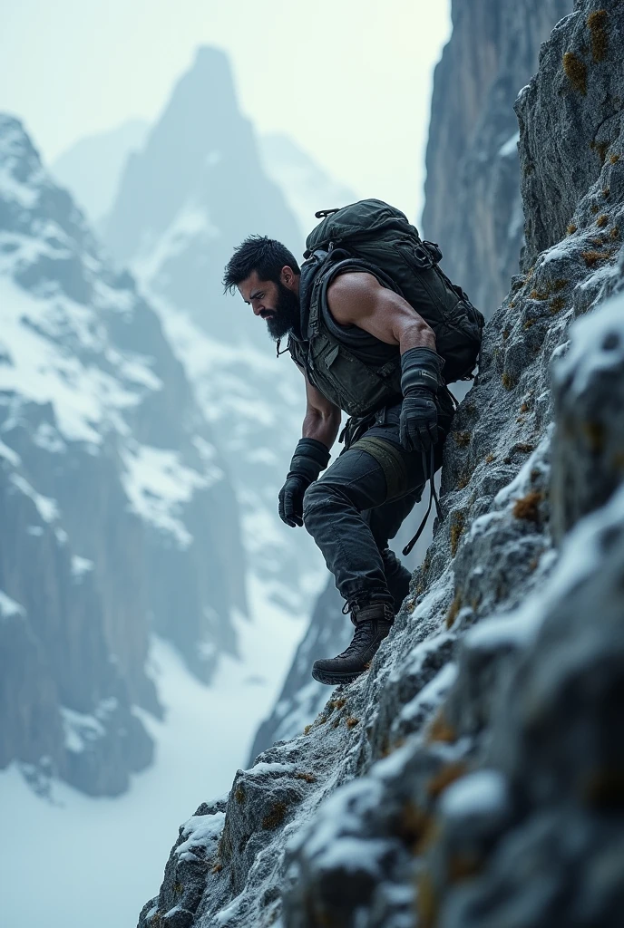 Man climbing steep mountain 