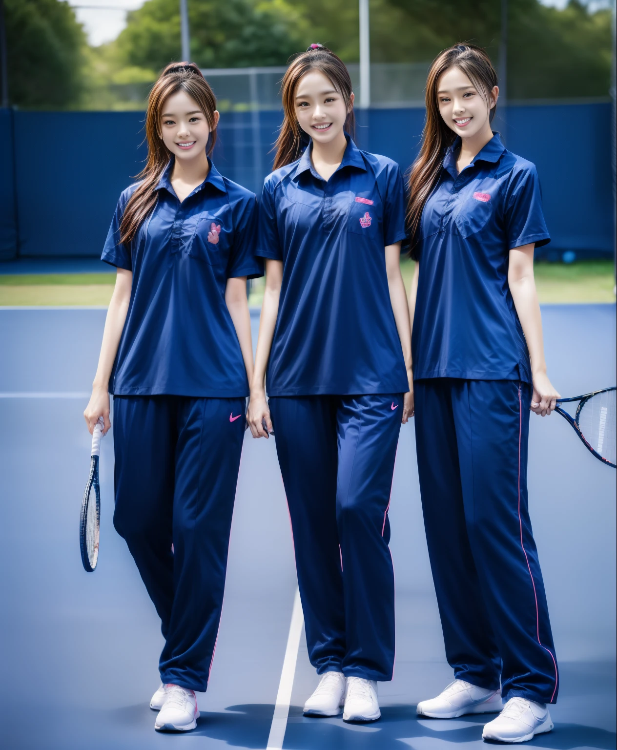 3 girls play tennis at tennis courts, Navy blue short-sleeved shirt,Navy Long Trackpant,Sweatpants, Sweatpantsขายาว,25 year old girl, lesbian, sexy, exercise clothes, wet body, exercise clothes