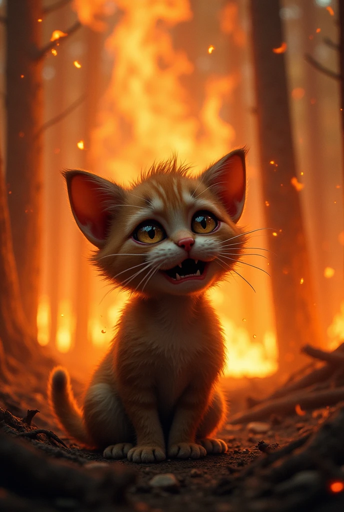 Cat crying , burning forest 