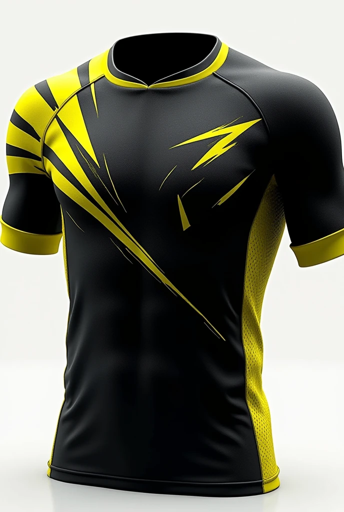 A sports uniform shirt with a predominant black color and a few yellow details, that convey speed like rays evenly spread across the blouse