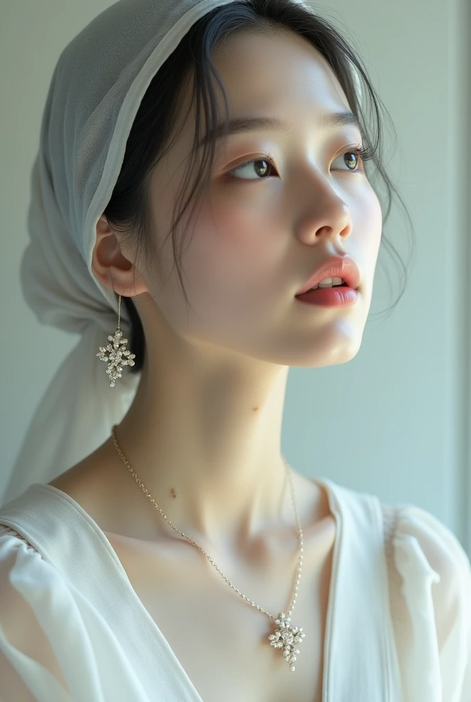 Japanese girl, glowing face, white skin, pink lips, slightly visible teeth, holding face facing right 45 degrees, right ear and neck visible, wearing white gold necklace, sturdy body, weight 60 kg, height 165 cm, chest size 36D, wearing hijab, large chest 