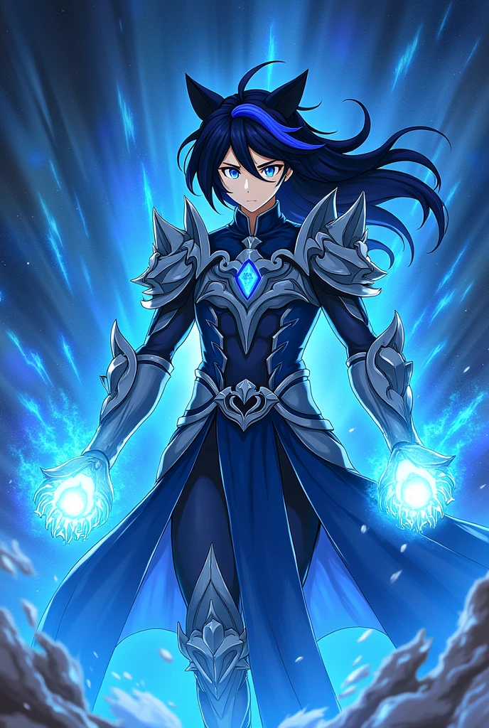 I need the same character to emanate a form of power similar to Meliodas' Wrath Claw from Nanatsu no Taizai this time., but with Cobalt Blue aura (MAKE THE IMAGE WITH JAPANESE ANIME LINE) and written "The Eminent Divine Spirit" into the image, as if it were the cover of a book. put the name: (The Eminent Divine Spirit), written in the drawing, as if it were a book cover. put the name: (The Eminent Divine Spirit), written in the drawing, as if it were a book cover. put the name: (The Eminent Divine Spirit), written in the drawing, as if it were a book cover. put the name: (The Eminent Divine Spirit), written in the drawing, as if it were a book cover. put the name: (The Eminent Divine Spirit), written in the drawing, as if it were a book cover. put the name: (The Eminent Divine Spirit), written in the drawing, as if it were a book cover. Create a character, TEENAGE HUMAN MALE WITH ARMOR WITH WOLF DESIGNS on the armor with traces of the drawing in JAPANESE ANIME style. put the name: (The Eminent Divine Spirit), written in the drawing, as if it were a book cover. IN a cosmic environment, long black hair with a cobalt blue streak in one hair, cobalt blue eyes. put the name: (The Eminent Divine Spirit), written in the drawing, as if it were a book cover.