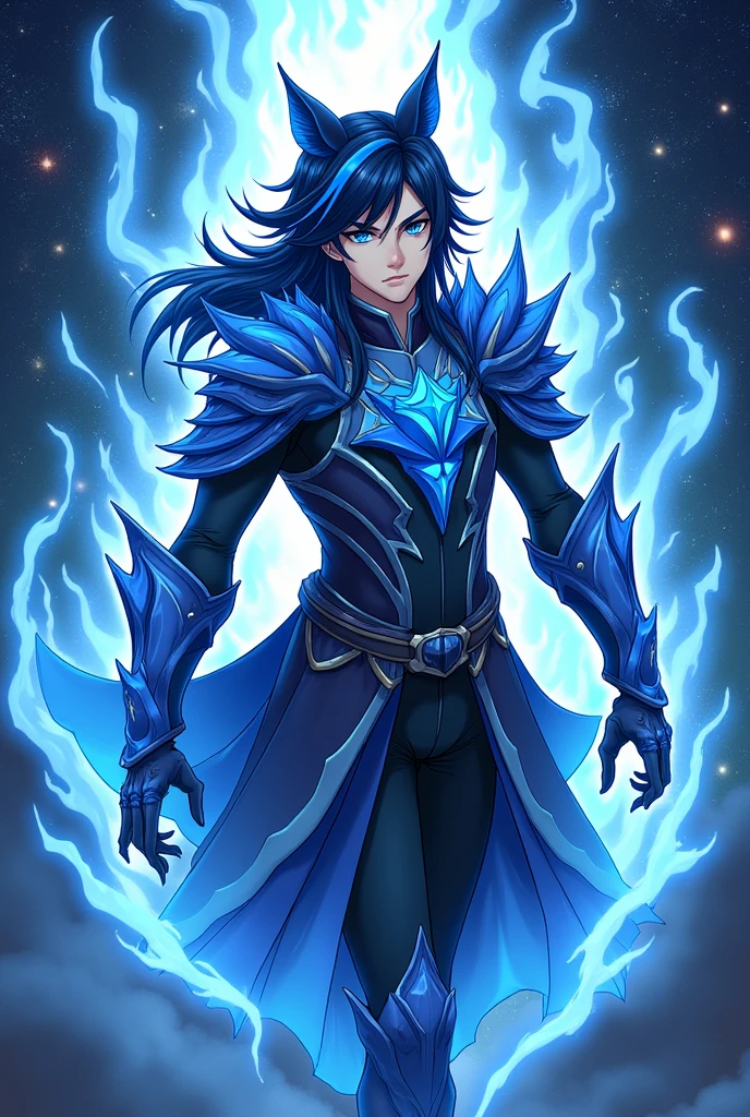 I need the same character to emanate a form of power similar to Meliodas' Wrath Claw from Nanatsu no Taizai this time., but with Cobalt Blue aura (MAKE THE IMAGE WITH JAPANESE ANIME LINE) and written "The Eminent Divine Spirit" into the image, as if it were the cover of a book. put the name: (The Eminent Divine Spirit), written in the drawing, as if it were a book cover. put the name: (The Eminent Divine Spirit), written in the drawing, as if it were a book cover. put the name: (The Eminent Divine Spirit), written in the drawing, as if it were a book cover. put the name: (The Eminent Divine Spirit), written in the drawing, as if it were a book cover. put the name: (The Eminent Divine Spirit), written in the drawing, as if it were a book cover. put the name: (The Eminent Divine Spirit), written in the drawing, as if it were a book cover. Create a character, TEENAGE HUMAN MALE WITH ARMOR WITH WOLF DESIGNS on the armor with traces of the drawing in JAPANESE ANIME style. put the name: (The Eminent Divine Spirit), written in the drawing, as if it were a book cover. IN a cosmic environment, long black hair with a cobalt blue streak in one hair, cobalt blue eyes. put the name: (The Eminent Divine Spirit), written in the drawing, as if it were a book cover.