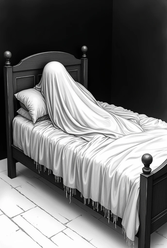 ghost of a faceless man lying on a bed, black and white drawn