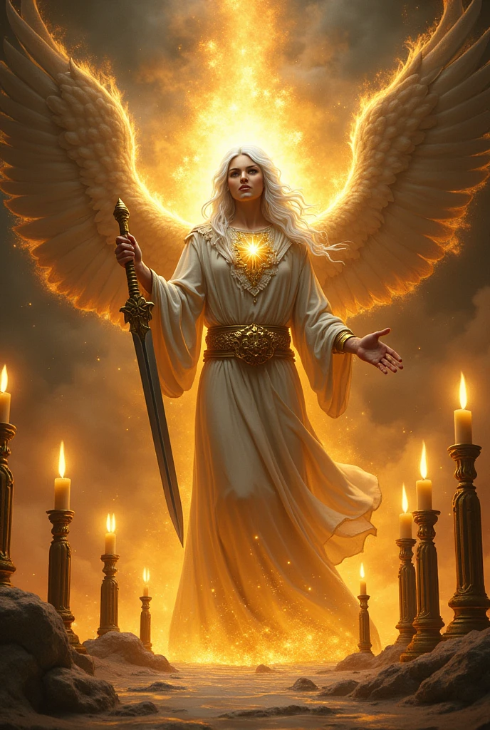 Seven golden candlesticks;
 And in the midst of the seven candlesticks, one like the Son of Man, dressed to the feet in a long garment, yes belt, at chest height, with a golden belt.
And his head and hair were as white as wool, like snow, and your eyes, like a flame of fire;
and his feet, similar to shining brass, as if they had been refined in a furnace, and your voice, like the voice of many waters.
And he had in his right hand seven stars; and out of his mouth came a sharp two-edged sword; and his face was like the sun, when in its strength it shines.