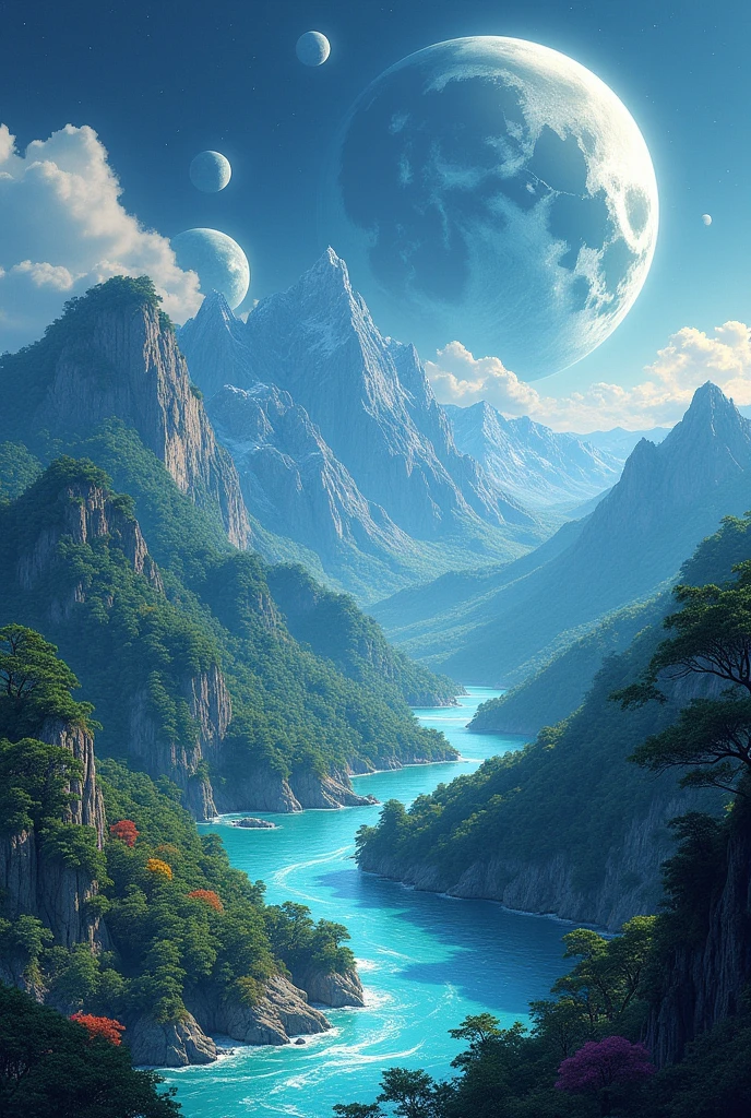 "Create a manga-style image of a vast and majestic planet, with exuberant and vibrant landscapes. The planet must be rich in natural resources, with dense forests, imposing mountains and crystalline oceans. Around the planet, three moons of different sizes orbit in different positions in the sky, each emitting a soft light that reflects on the surfaces of the planet. Art must capture the grandeur and natural beauty of this world, with detailed details and a magical and serene atmosphere."