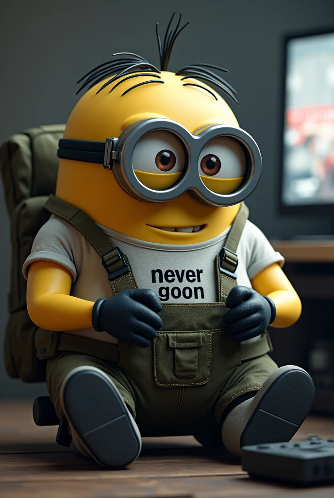 A minion with a very muscular build, who is a soldier and has on his t-shirt “NEVER GOON” with his minion head playing a video game called WARZONE