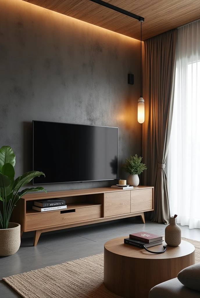 A modern and cozy living room with a gray floor and light walls. The wall where the TV is located has a dark burnt cement finish., creating an elegant contrast. The ceiling lining is made of PVC with a woody appearance, adding a touch of warmth to the environment. In the right corner of the room, there is a pendant light with two warm white light bulbs, that gently illuminates the space. The right wall is covered by a white curtain that stretches from end to end., giving a feeling of spaciousness. Below the TV, there is a vintage piece of furniture that houses some carefully selected decorative objects. To finish, a natural fabric rug covers part of the floor, on which is a coffee table made of natural wood, complementing the cozy and elegant look of the room.