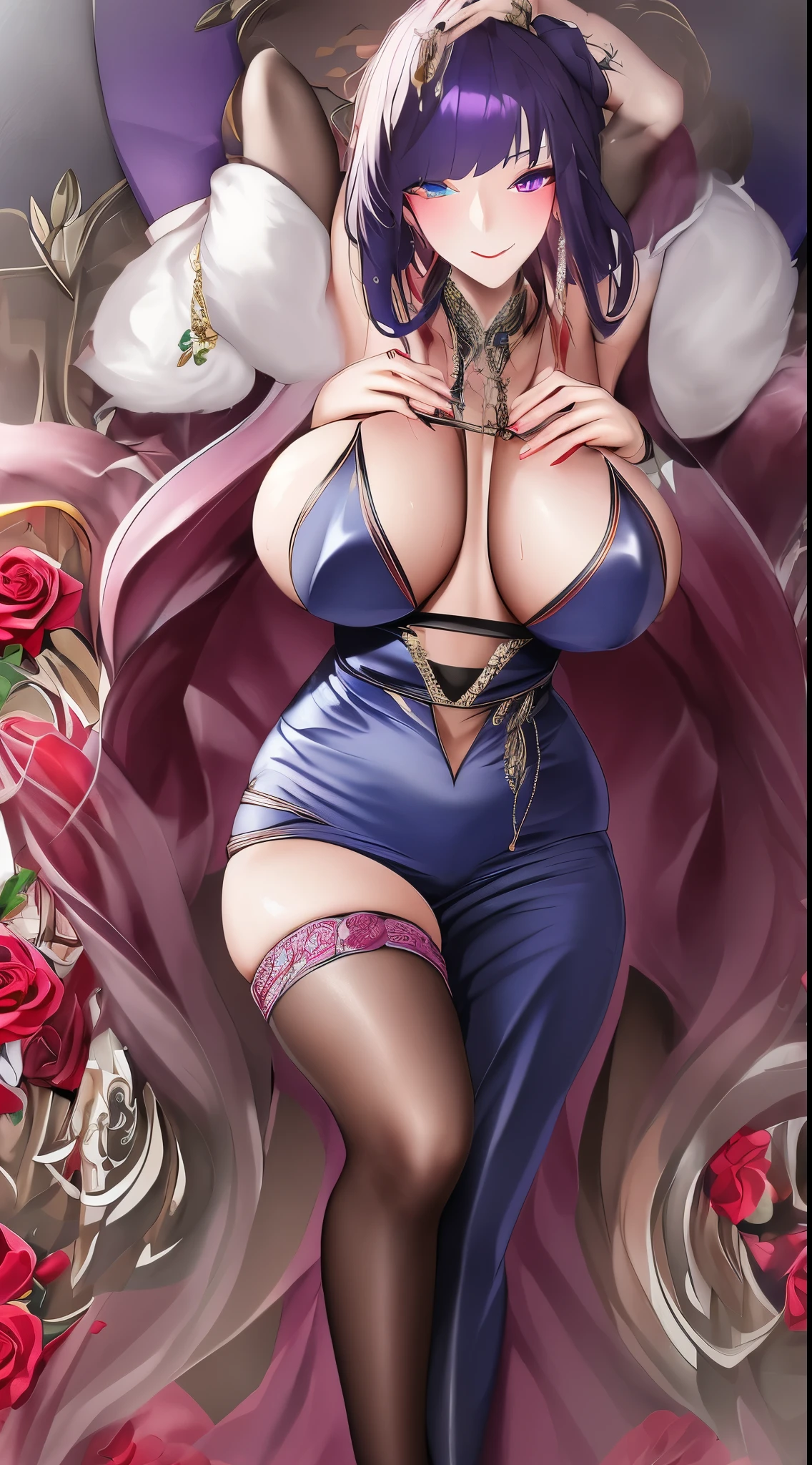 The content is very detailed., Seductive erotic woman sweating, The chest is covered with rose pedals., (Plum, rosa/For the blue), complex eyes,full body lesbian,,long legs